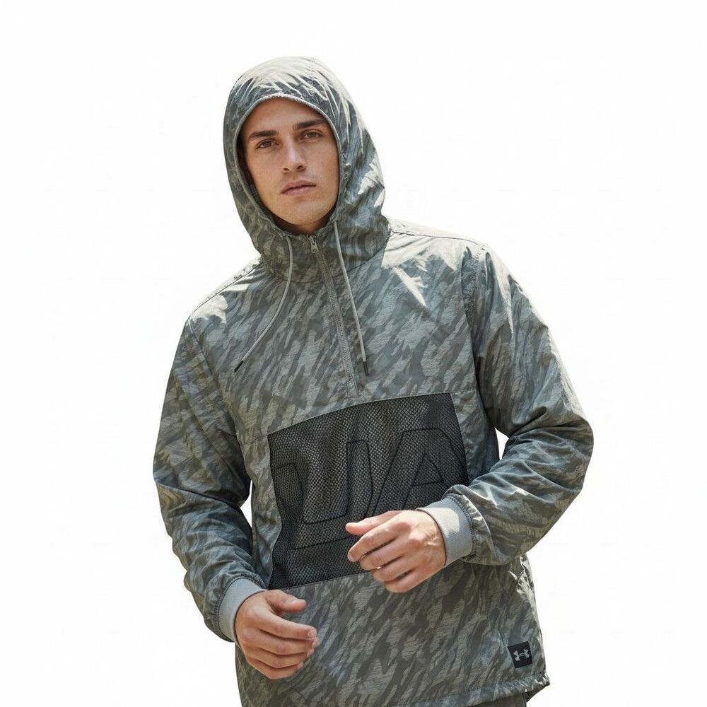 Under Armour UA Sportstyle Longline Anorak Jacket Men Small Hooded Green Camo
